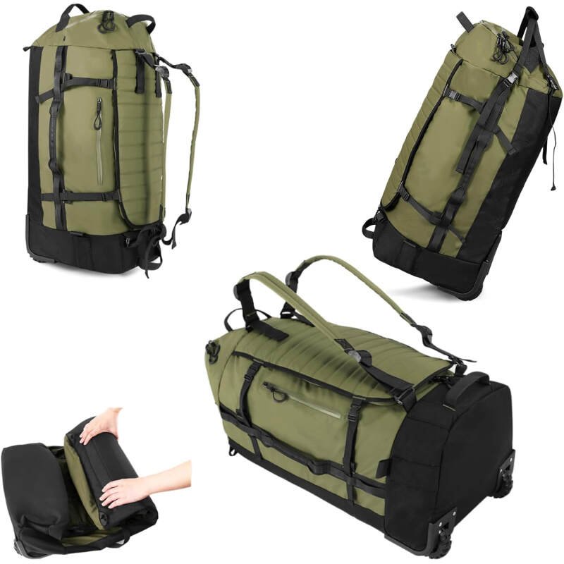 Vomgomfom 86L Collapsible Wheeled Luggage With Removable Backpack Straps,Waterproof Rolling Duffle Bag with Quilted Base,Army Green