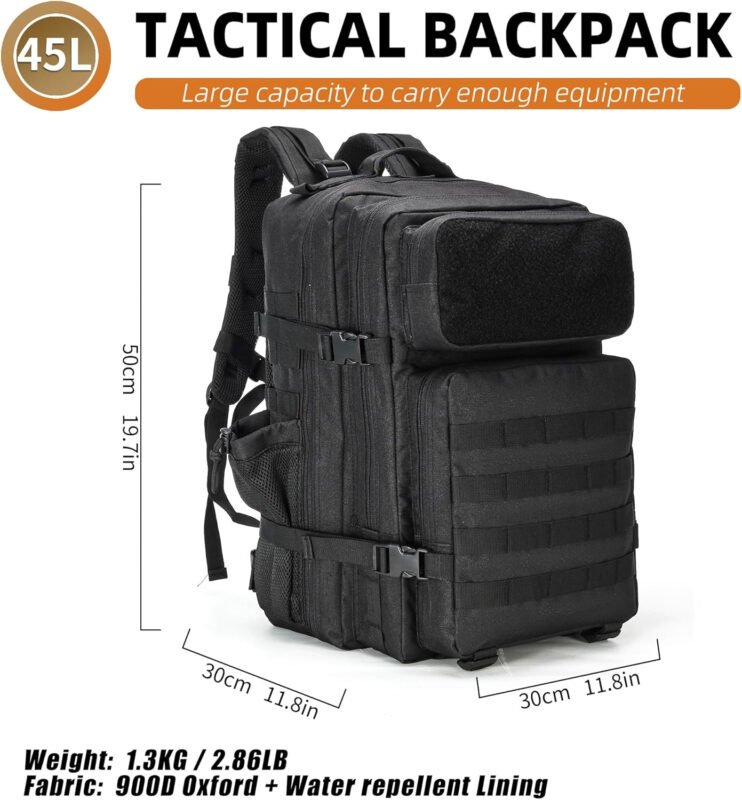 Military Tactical Backpack for Men and Women Army Camping Daypack Bug out Bag 45l Asault Pack for Travel Hiking (Black)