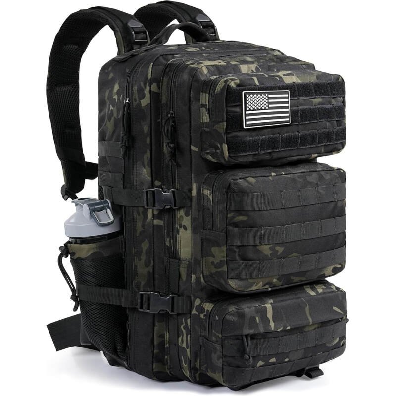 Military Tactical Backpack 50L Large Day Backpack for Men Molle Army 3 Days Assault Pack Bug Out Bag Water Resistant and Heavy Duty Hiking Treeking Rucksack – Black Camo
