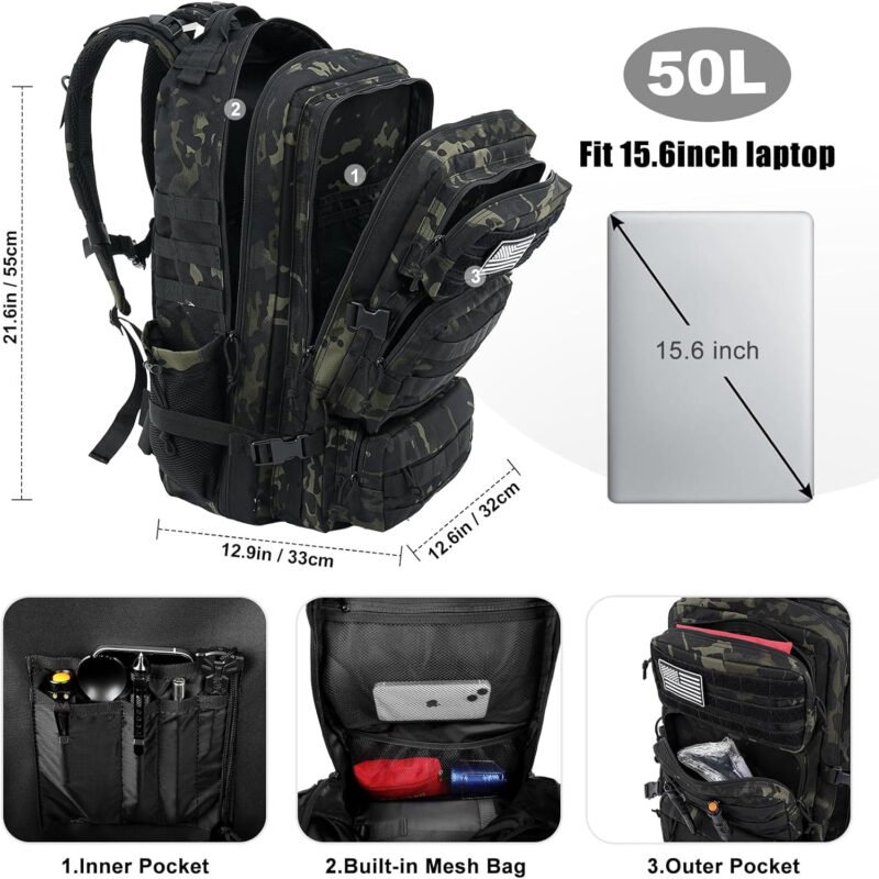 Military Tactical Backpack 50L Large Day Backpack for Men Molle Army 3 Days Assault Pack Bug Out Bag Water Resistant and Heavy Duty Hiking Treeking Rucksack – Black Camo