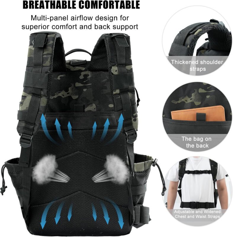Military Tactical Backpack 50L Large Day Backpack for Men Molle Army 3 Days Assault Pack Bug Out Bag Water Resistant and Heavy Duty Hiking Treeking Rucksack – Black Camo