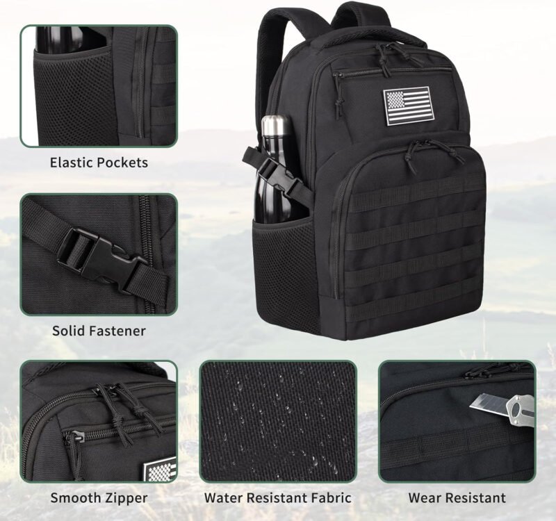 Military Tactical Backpack for Travel Hiking,Black Backpack for Men with Bottle Holder, 30L/25L Small Laptop Backpack for Work, Men’s Assault Bag Back Pack