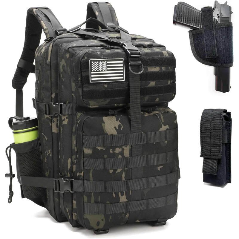 Tactical Backpack for Men 45L Military 3 Day Assault Pack with Gun Holster and Magazine Pouch of Handgun Large Hiking Backpack, Bug Out Bag Backpacks Tactical Gear Molle Backpack Pistol Bag Black Camo