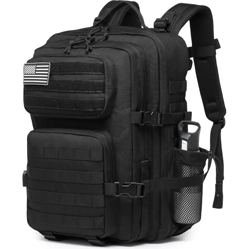 Military Tactical Backpack for Men Waterproof Daypack 3 Day Assault Pack Molle Bag with Water Bottle Holder (Black, 45L)
