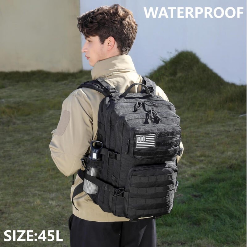 Military Tactical Backpack for Men Waterproof Daypack 3 Day Assault Pack Molle Bag with Water Bottle Holder (Black, 45L)