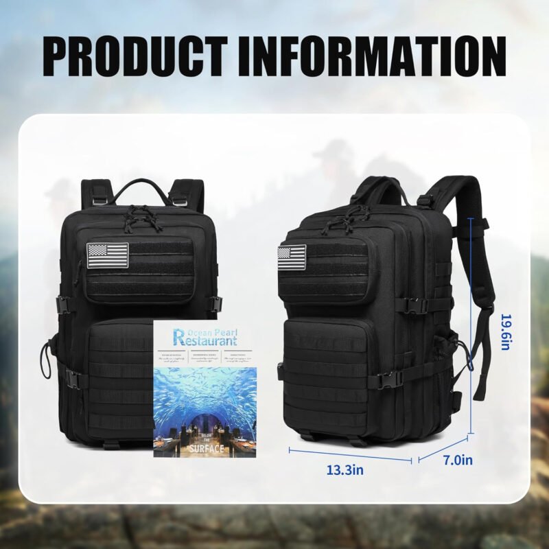 Military Tactical Backpack for Men Waterproof Daypack 3 Day Assault Pack Molle Bag with Water Bottle Holder (Black, 45L)