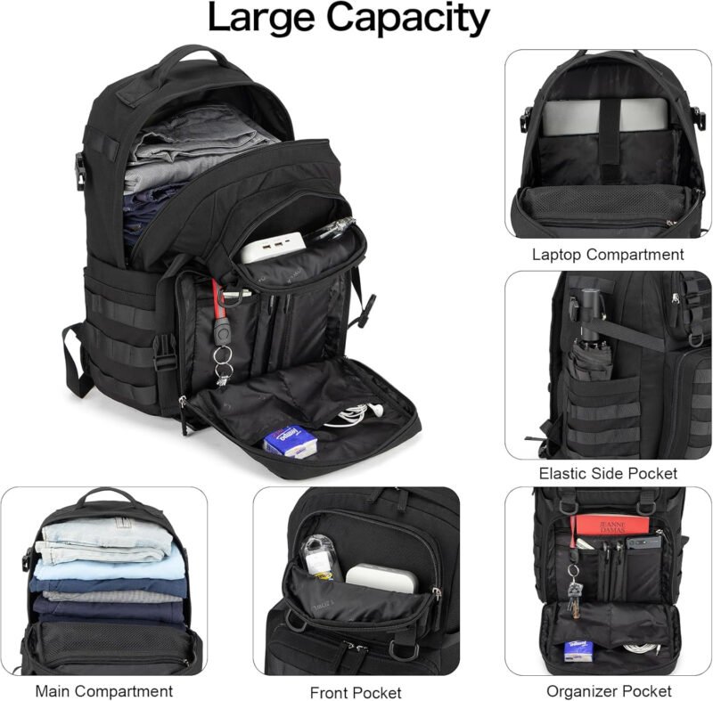 Tzowla Tactical Military Grade Backpack Waterproof,Travel Laptop Army Molle Rucksack for Men and Women with Small Detachable Bag,Army 3 Days Assault Pack Bag,Black