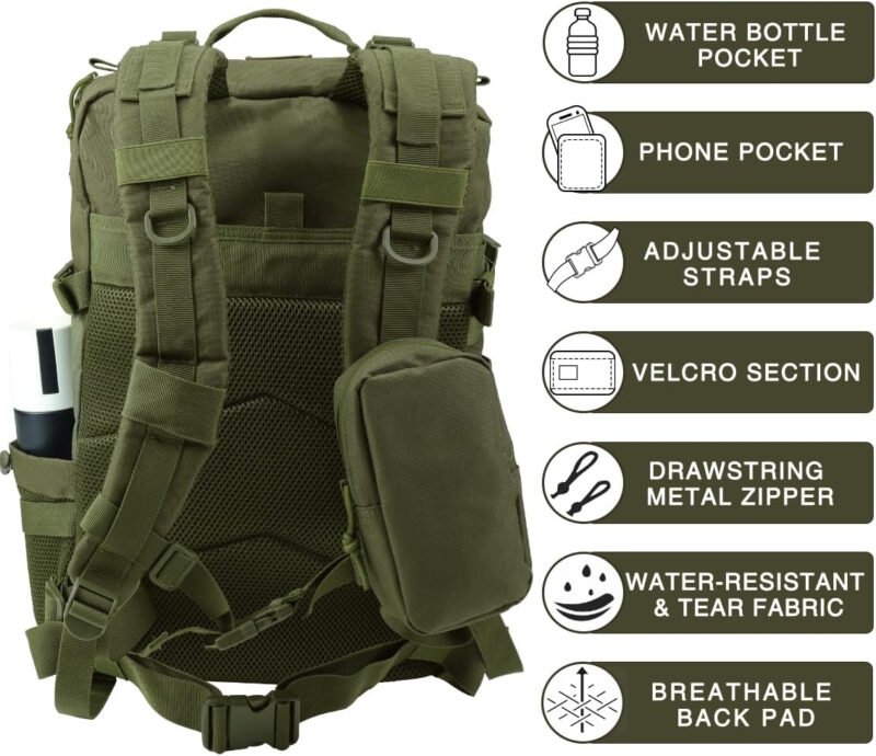 Military Tactical Backpack,Sturdy Work & Molle Laptops Rucksack,Army Pack for Hiking Camping Travel Fishing Gym,Green