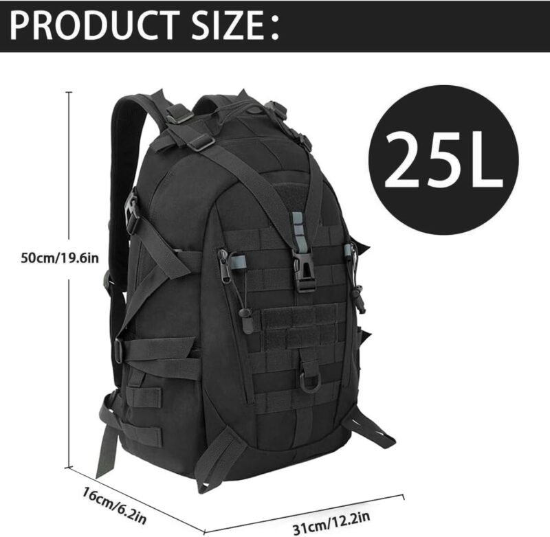 aiGear Tactical Backpack, 25L Military Backpack, 3-Day Bug Out Bag for Men Women Camping Hiking Hunting with Molle System Army Daypack (25L Black)