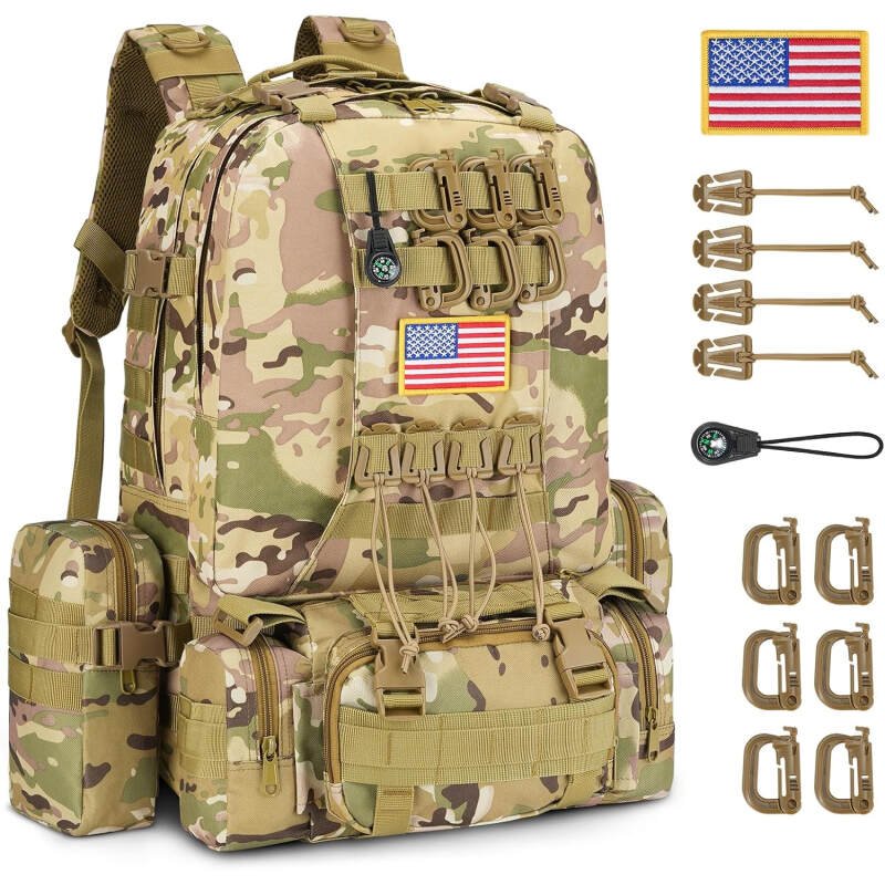 CVLIFE 60L Tactical Backpack for Men Women Military Large Army Rucksack With D-Ring Molle Clips Compass Accessories 3 Day Bug Out Survival Molle Bag Hiking Camping Gym Daypack Backpacks,CP