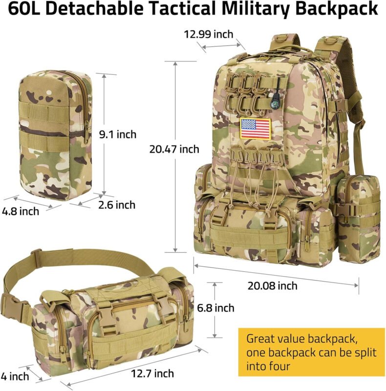 CVLIFE 60L Tactical Backpack for Men Women Military Large Army Rucksack With D-Ring Molle Clips Compass Accessories 3 Day Bug Out Survival Molle Bag Hiking Camping Gym Daypack Backpacks,CP
