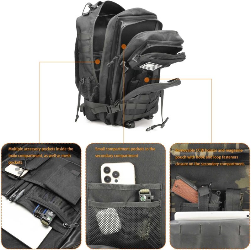 Gun Backpack for Men 45L Military Tactical Backpack with Holster of Handguns, Bug Out Bag Army Molle Daypack 3-Day Pack W.Side Pocket for Gym Camping Hiking Trekking(Black)
