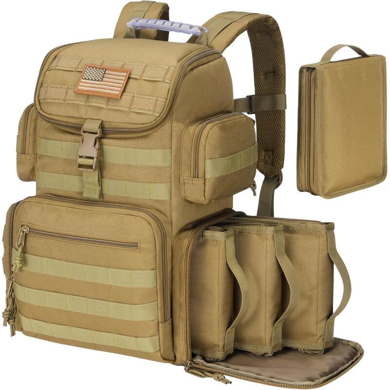 CVLIFE Tactical Range Backpack with Removable Divider, Gun Cases Bag with 4 Pistol Carrying Cases for Handgun and Ammo, Large Military Molle Assault Pack Rucksack for Shooting Hunting, Tan