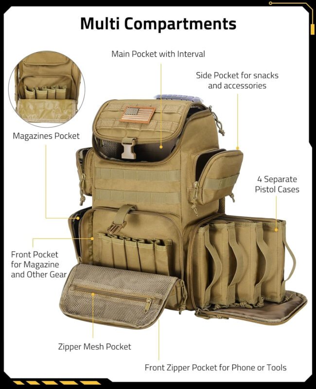 CVLIFE Tactical Range Backpack with Removable Divider, Gun Cases Bag with 4 Pistol Carrying Cases for Handgun and Ammo, Large Military Molle Assault Pack Rucksack for Shooting Hunting, Tan