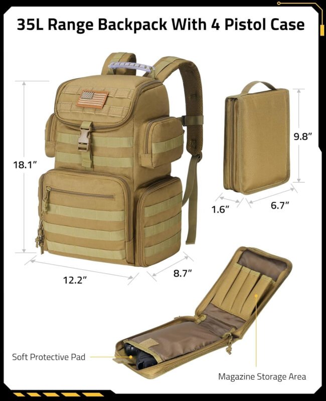 CVLIFE Tactical Range Backpack with Removable Divider, Gun Cases Bag with 4 Pistol Carrying Cases for Handgun and Ammo, Large Military Molle Assault Pack Rucksack for Shooting Hunting, Tan