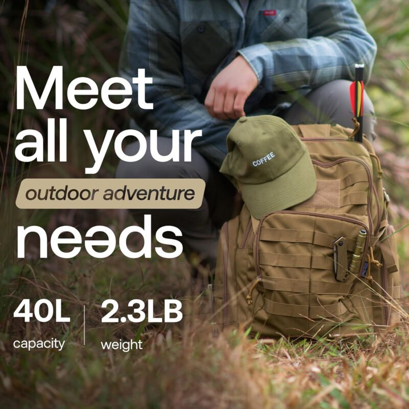 RIVER ROAD Huntex 40L Tactical Backpack for Men and Women in Khaki – Military Style Backpack for Hunting – Hiking Backpack & Travel Combat Backpack – Outdoor Tactical Backpacks & Sport Mochila Tactica