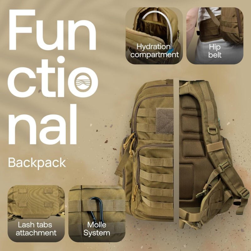 RIVER ROAD Huntex 40L Tactical Backpack for Men and Women in Khaki – Military Style Backpack for Hunting – Hiking Backpack & Travel Combat Backpack – Outdoor Tactical Backpacks & Sport Mochila Tactica
