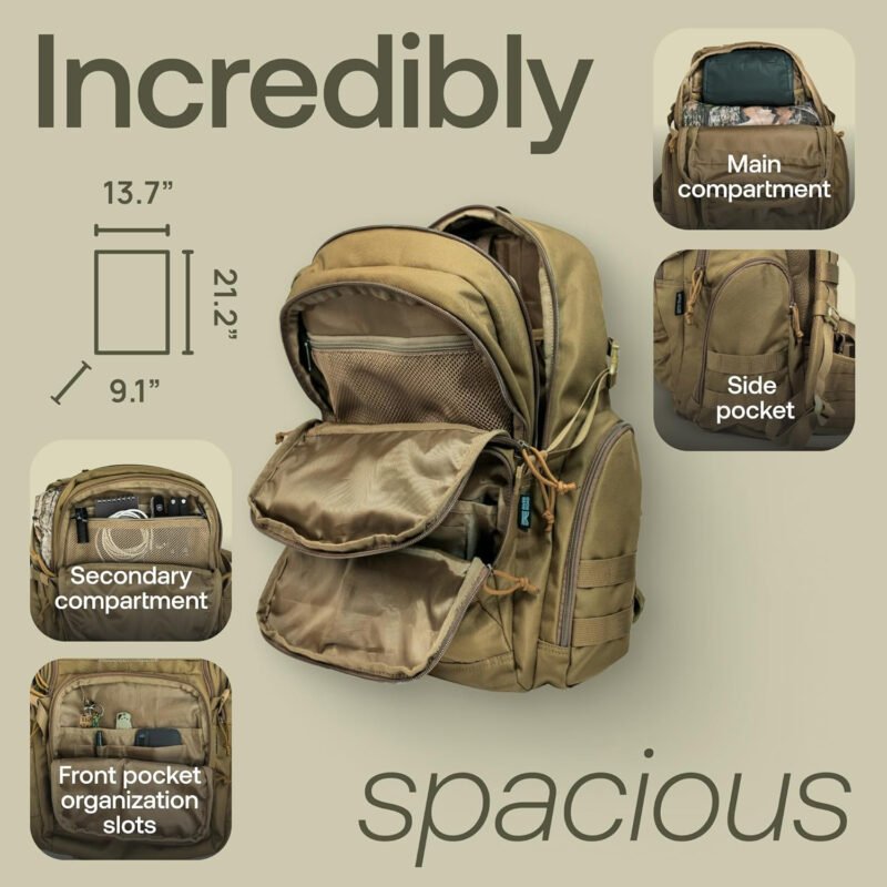 RIVER ROAD Huntex 40L Tactical Backpack for Men and Women in Khaki – Military Style Backpack for Hunting – Hiking Backpack & Travel Combat Backpack – Outdoor Tactical Backpacks & Sport Mochila Tactica