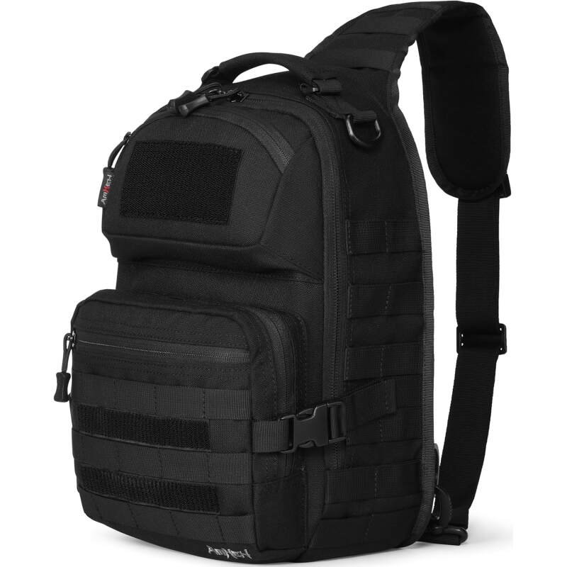 Tactical Sling Bag Military Army Molle Shoulder Cross Body Pack Single Strap Backpack Water Resistant with Holster 15L (Black)