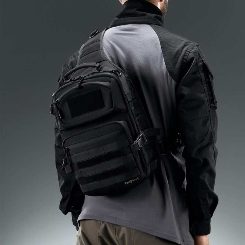 Tactical Sling Bag Military Army Molle Shoulder Cross Body Pack Single Strap Backpack Water Resistant with Holster 15L (Black)