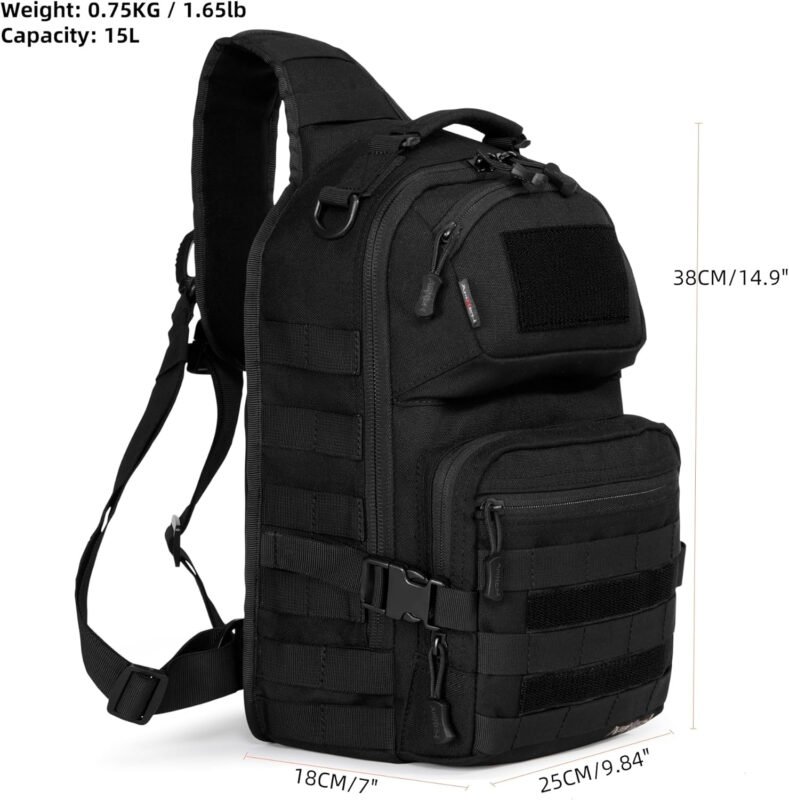 Tactical Sling Bag Military Army Molle Shoulder Cross Body Pack Single Strap Backpack Water Resistant with Holster 15L (Black)