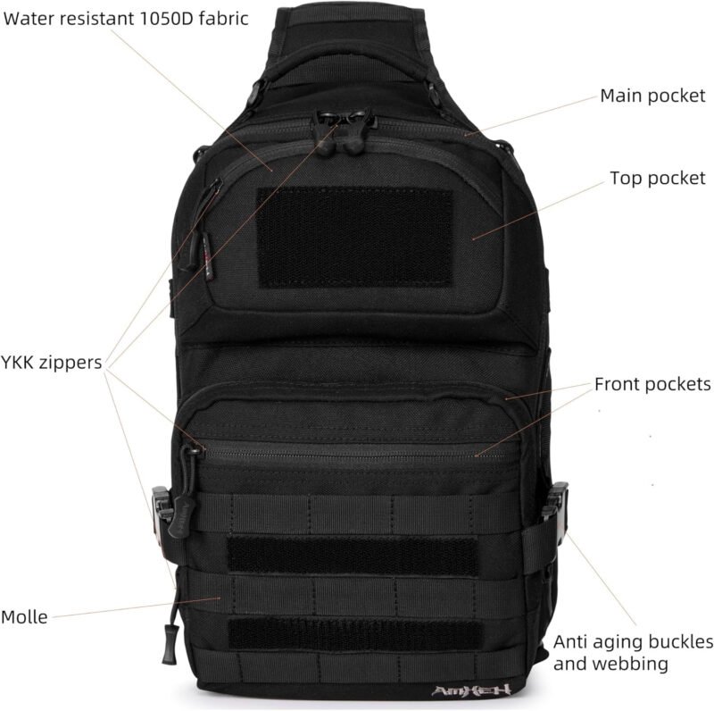 Tactical Sling Bag Military Army Molle Shoulder Cross Body Pack Single Strap Backpack Water Resistant with Holster 15L (Black)