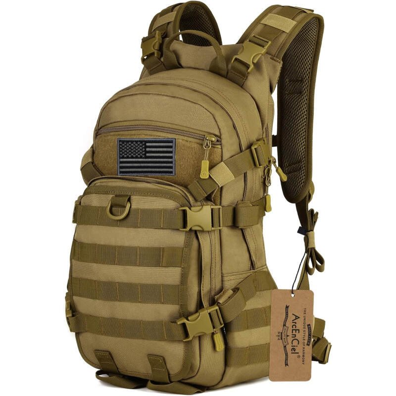 ArcEnCiel 25L Adult Tactical Motorcycle Cycling Backpack Pocket Molle Pack Helmet Holder(Patch&Rain Cover Included)