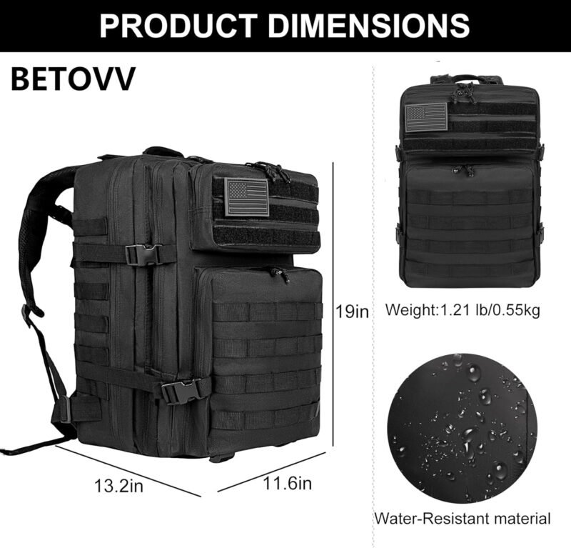 BETOVV 45L Military Tactical Backpack for Men Molle Army 3 Days Assault Pack Bag Large Rucksack traveling bag (Black)