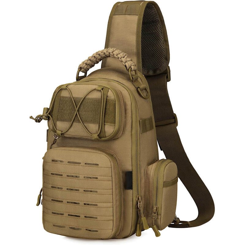 CamGo Tactical Sling Backpack Fly Fishing Tackle Bag Unisex MOLLE Casual Daypack for Fishing Hunting Hiking Travel (B2- Brown)