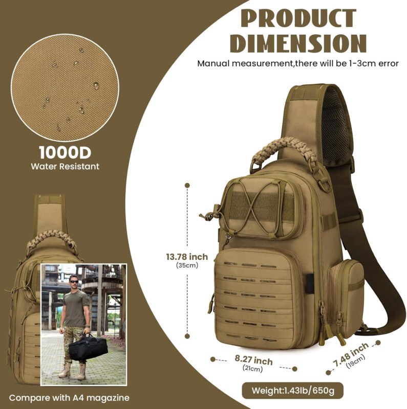 CamGo Tactical Sling Backpack Fly Fishing Tackle Bag Unisex MOLLE Casual Daypack for Fishing Hunting Hiking Travel (B2- Brown)