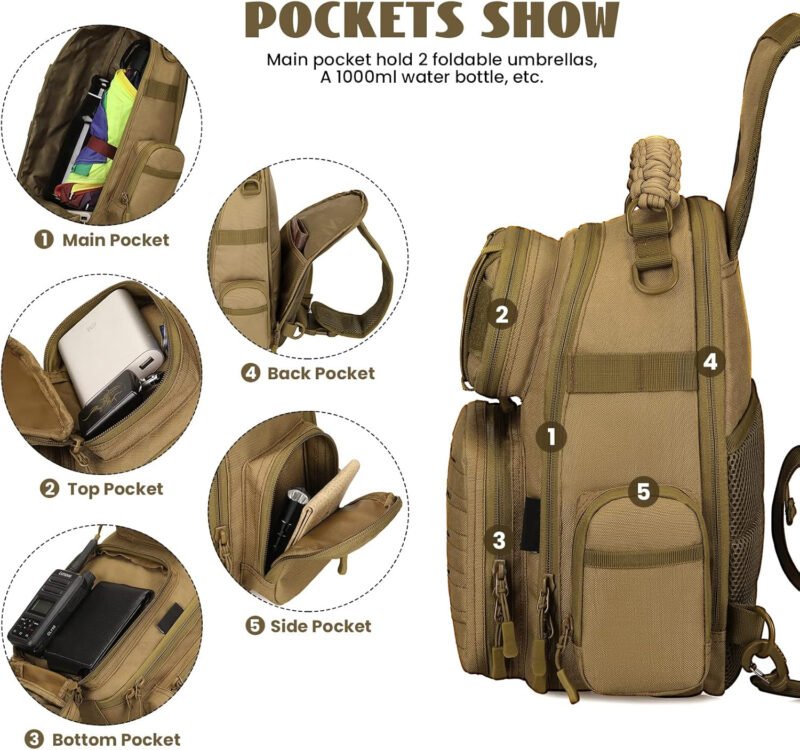 CamGo Tactical Sling Backpack Fly Fishing Tackle Bag Unisex MOLLE Casual Daypack for Fishing Hunting Hiking Travel (B2- Brown)