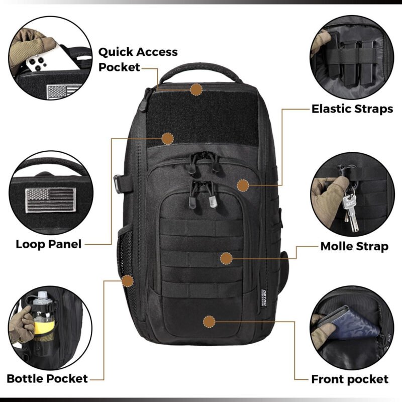 DBTAC Tactical Personal Defense EDC Bags & Packs | 10L Military Shoulder Backpack with Sling for Concealed Carry, Range, Travel, Hiking, Outdoor Sports (Black)