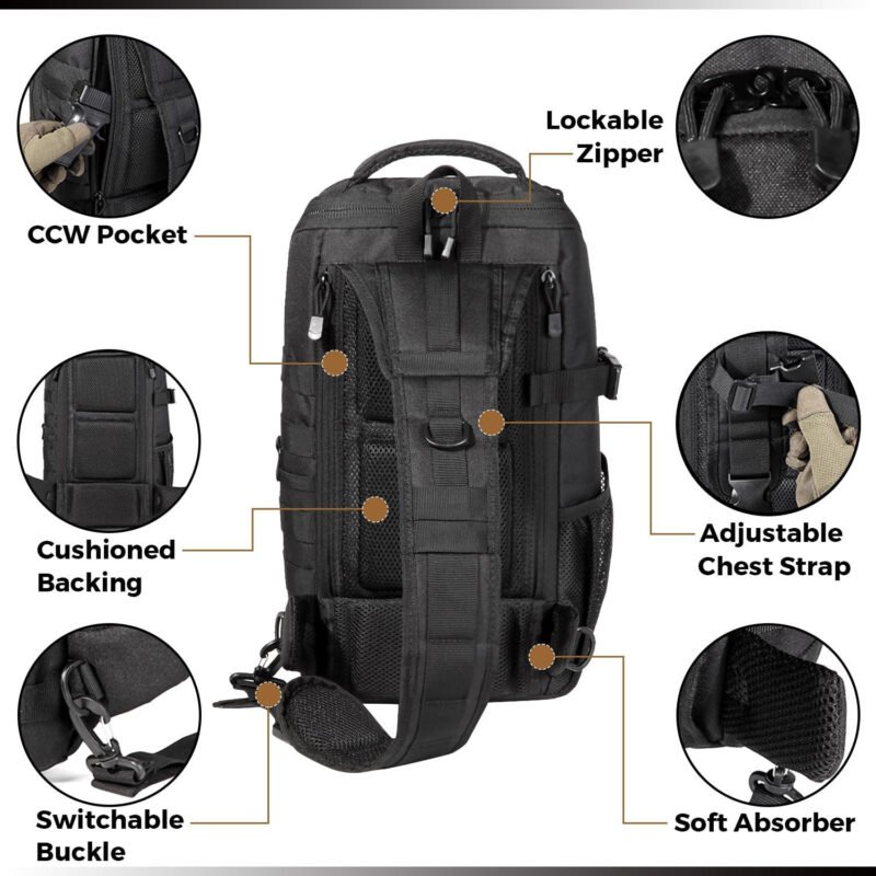 DBTAC Tactical Personal Defense EDC Bags & Packs | 10L Military Shoulder Backpack with Sling for Concealed Carry, Range, Travel, Hiking, Outdoor Sports (Black)