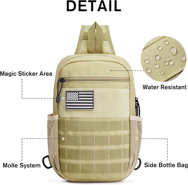 G4Free Tactical Sling Bag Backpack for Men,Military Durable Shoulder Pack Tactical Bag for Travel, Hiking, Outdoor Sports Khaki