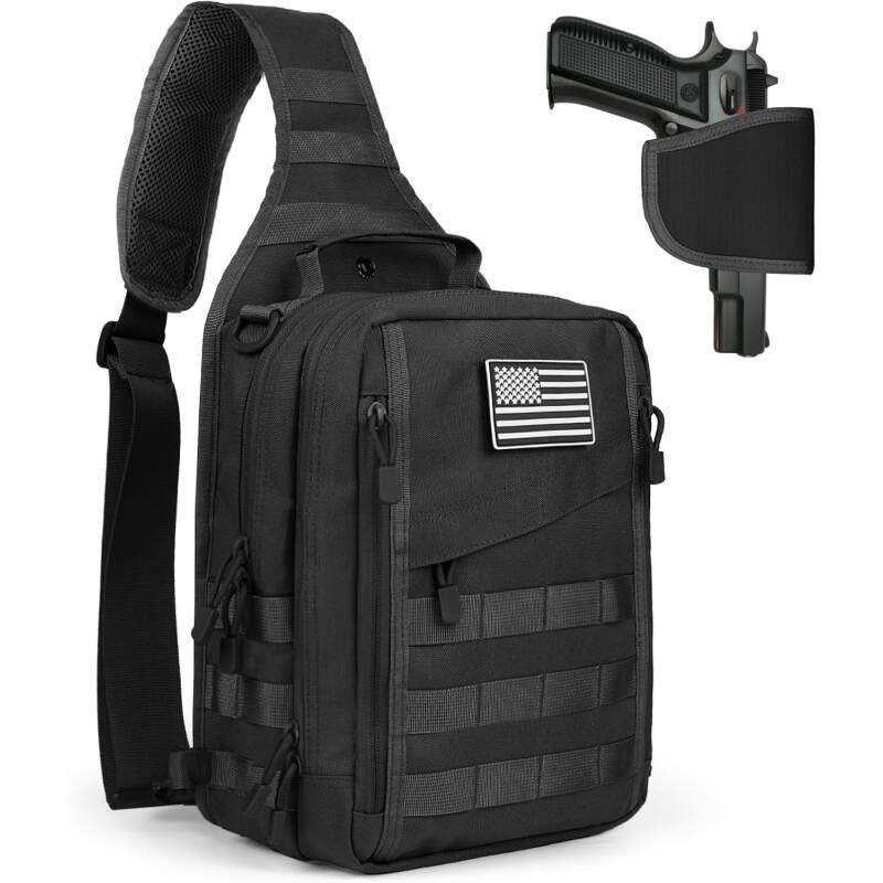 HAOMUK Tactical Sling Bag Backpack for Men with Pistol Holster Military Shoulder Crossbody Bag for Concealed Carry – Black