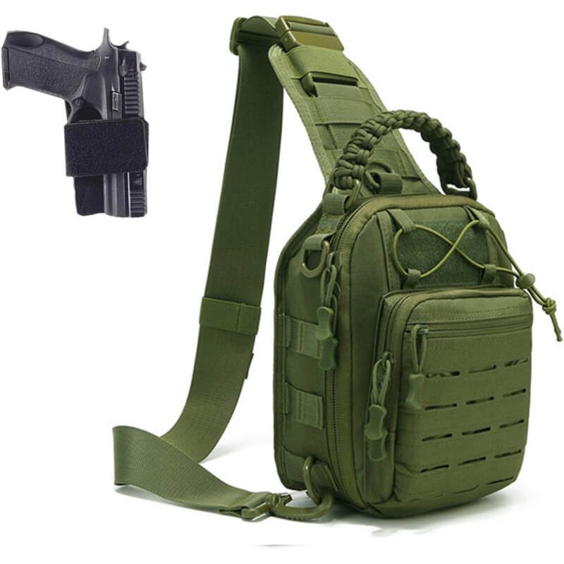 Tactical Compact Concealed Carry Sling Bag Cut Molle Pistol Holster EDC Single Shoulder Chest Backpack Pack (Green)