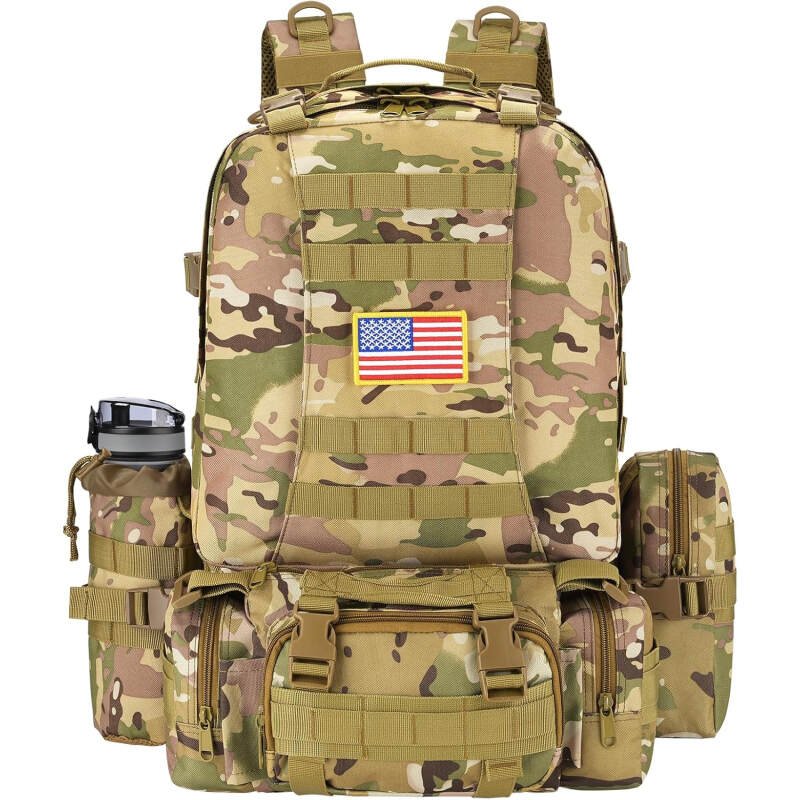 NOOLA 60L Military Tactical Backpack for Men Army 3 Day Assault Pack Large Camping Detachable Rucksack with Bottle Holder