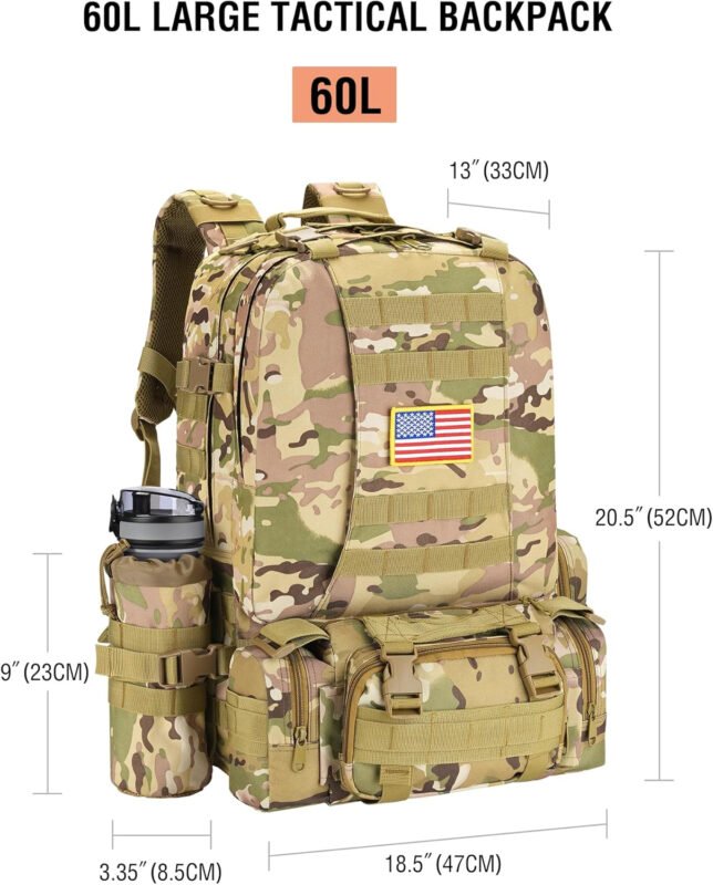 NOOLA 60L Military Tactical Backpack for Men Army 3 Day Assault Pack Large Camping Detachable Rucksack with Bottle Holder