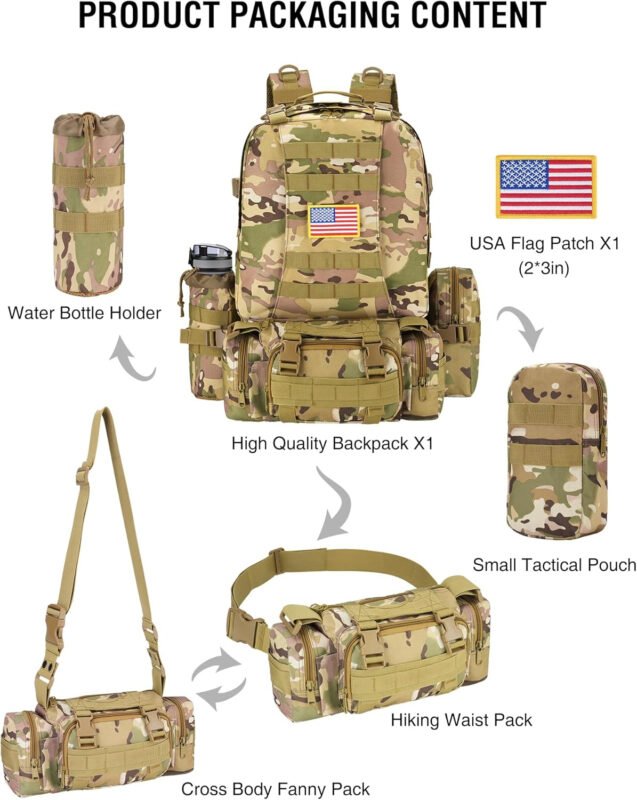 NOOLA 60L Military Tactical Backpack for Men Army 3 Day Assault Pack Large Camping Detachable Rucksack with Bottle Holder
