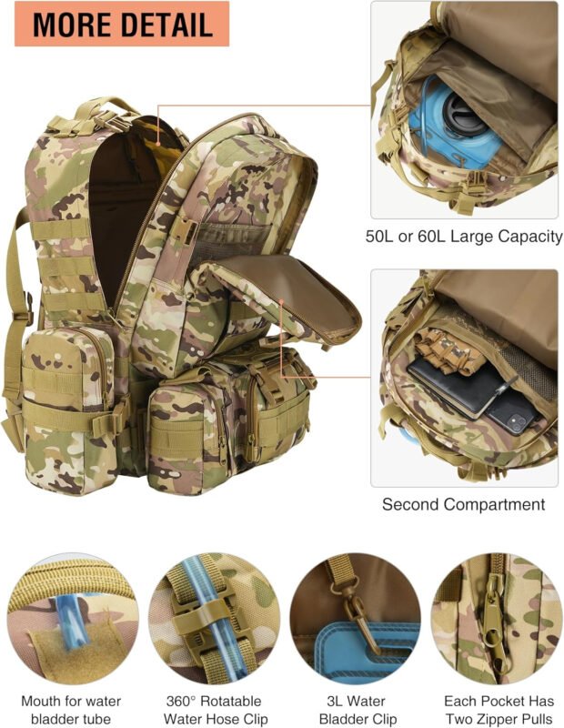NOOLA 60L Military Tactical Backpack for Men Army 3 Day Assault Pack Large Camping Detachable Rucksack with Bottle Holder