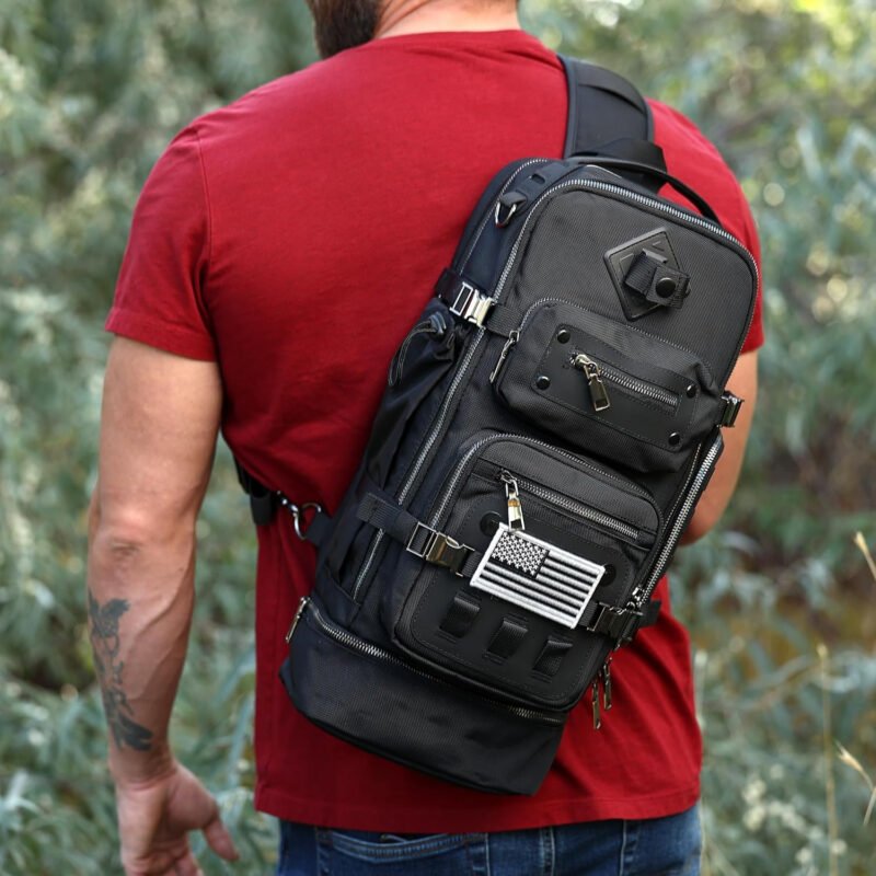 OPULENT Tactical Sling Bag for Men- Durable & Premium Metal Components Shoulder Bag for Men-Comfortable & Water resistant Tactical sling backpack for Camping, Hiking & Other Outdoor Activities (Black)