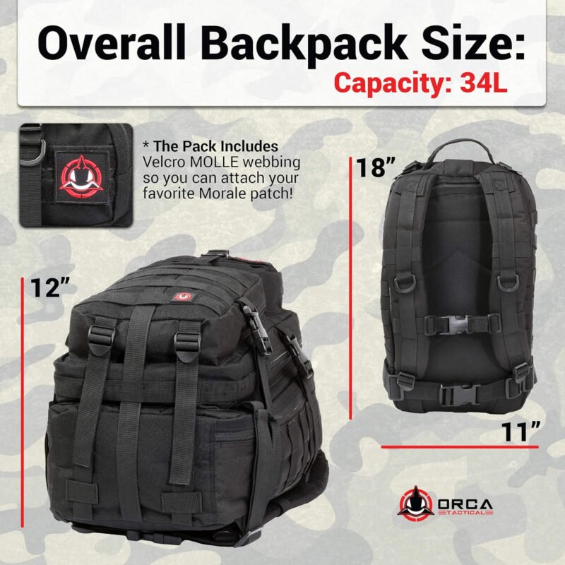 Backpack – 34L Molle Backpack – Military Army Style 1 to 2 Day Assault Pack Rucksack Survival Bag
