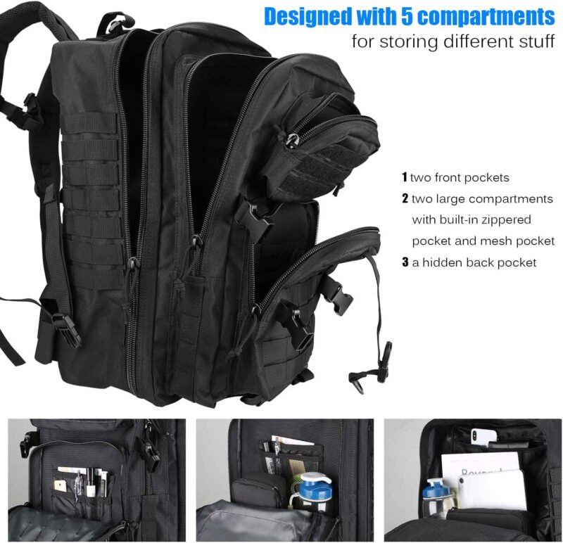 ProCase Military Tactical Backpack with Waterproof Rain Cover, 48L Large Rucksack 3 Day Outdoor Army Assault Molle Pack Go Bag Backpacks -Black