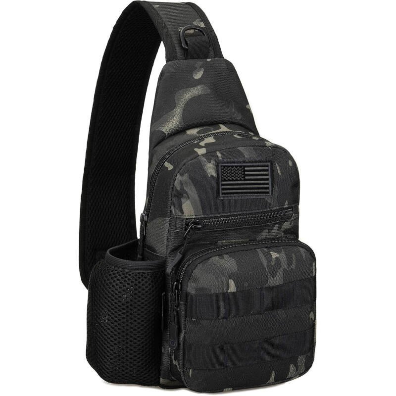 Protector Plus Tactical Sling Bag Military MOLLE Crossbody Pack Chest Shoulder Backpack with Water Bottle Holder Pouch EDC Diaper Motorcycle Bicycle Daypack (Patch Included),Black Camo