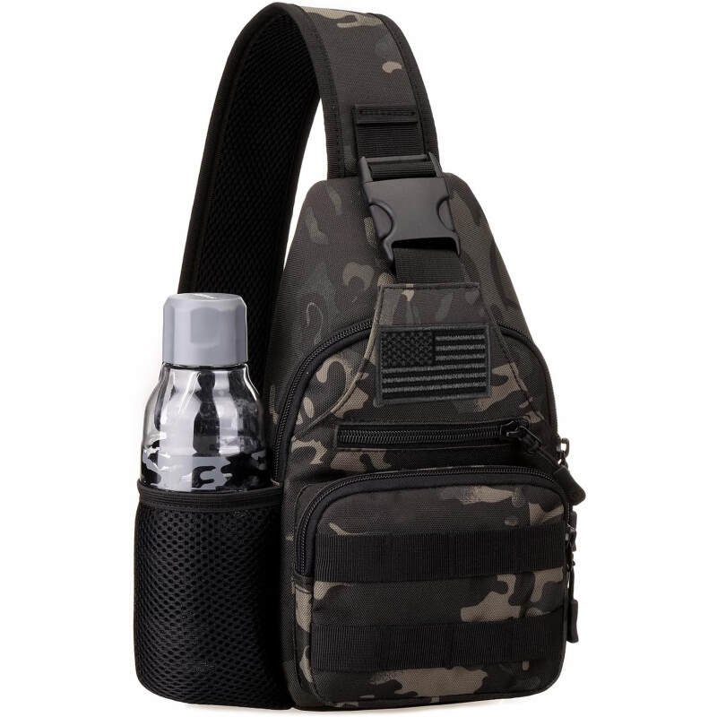 Protector Plus Tactical Sling Bag Military MOLLE Crossbody Pack with USB Charging Port Chest Shoulder Backpack EDC Diaper Satchel Motorcycle Bicycle Daypack (Patch Included),Black Camo