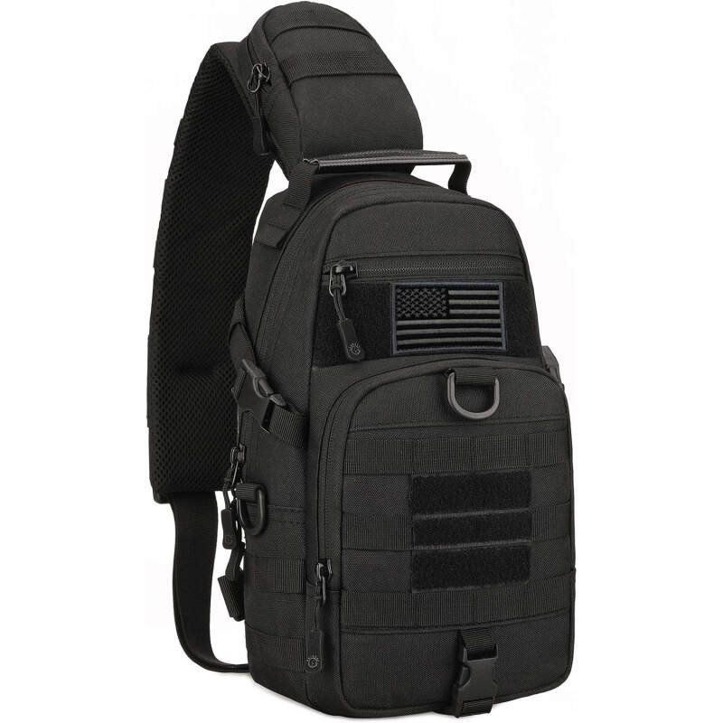 Protector Plus Tactical Sling Bag Military MOLLE Crossbody Packs Chest Shoulder Backpack EDC Diaper Satchel Motorcycle Bicycle Daypack (Patch Included), Black