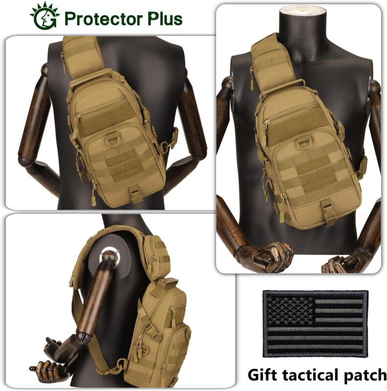 Protector Plus Tactical Sling Bag Military MOLLE Crossbody Packs Chest Shoulder Backpack EDC Diaper Satchel Motorcycle Bicycle Daypack (Patch Included), Black