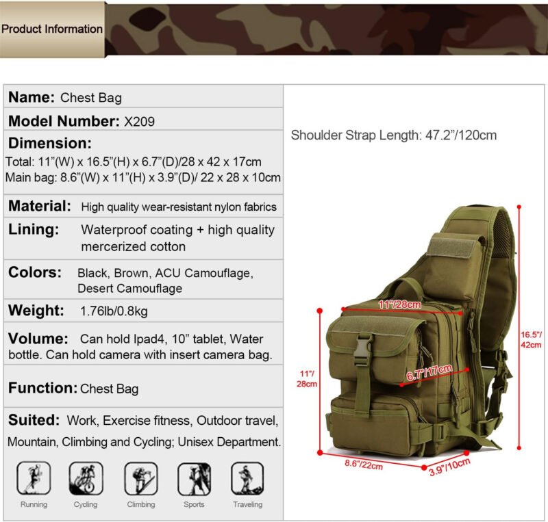 HUNTVP Tactical Military Sling Pack Chest Daypack Molle Backpack Shoulder Bag