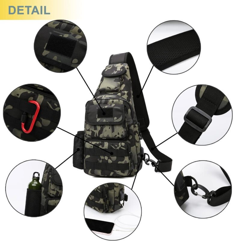 Tactical Shoulder Bag – 1000D Molle Military Backpack Outdoor Daypack Chest Pack(Black Camo)