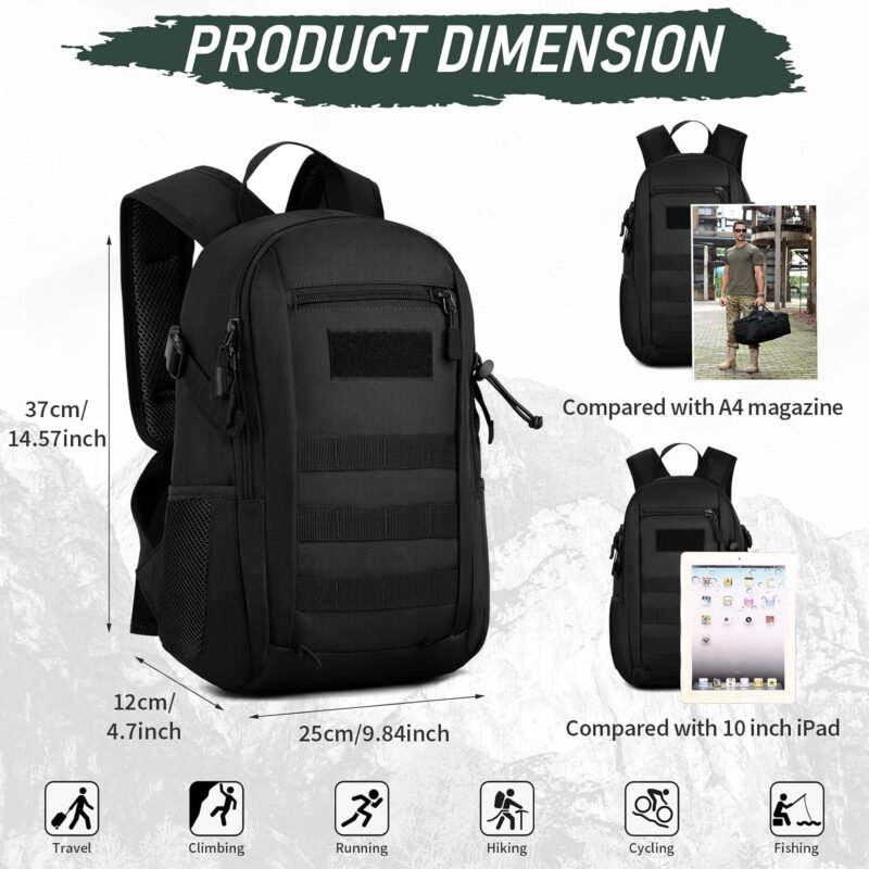 Wowelife Small Tactical Backpack for Men, Mini Tactical Backpack 10L Kids, Small Military Day Pack, Molle Bag Black for Men for Hunting Camping Trekking Travel, Black